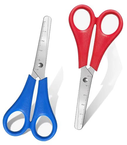 SUHAI 2 Pcs Kids Scissors, Compact Style, Blunt Tip Safety Scissors with cm-Scale, Plastic Handle, Blue, Stainless Steel, Ideal for Crafts & School Projects