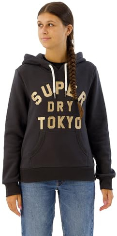 Superdry Damen Glitzer Hoodie mit Grafiklogo Verwaschenes Schwarz 34