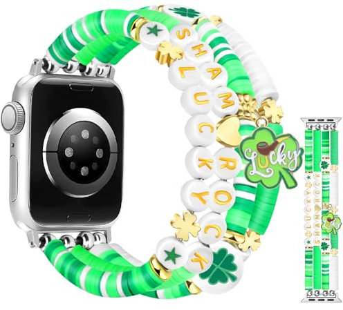 Beaded Bracelets Compatible with Apple Watch Band 38/40/41/42mm(S10) Women Green Lucky Clover Gifts Shamrock Fancy Handmade Elastic Stretchy Strap for iWatch Series 10/9/8/7/6/5/4/3/2/1/SE/Ultra (S)