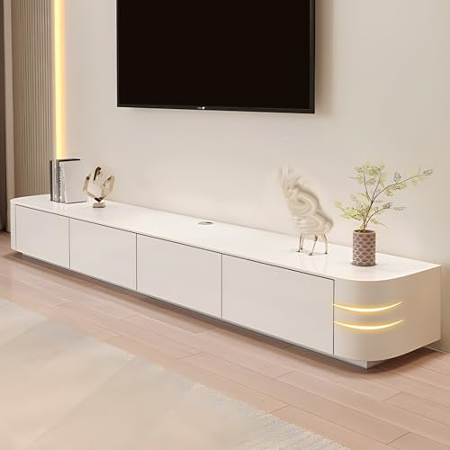 Modern Floor standing TV Cabinet with Shelves and Doors Wooden Media Console for Large Screens White TV Unit with Storage 180cm Wide