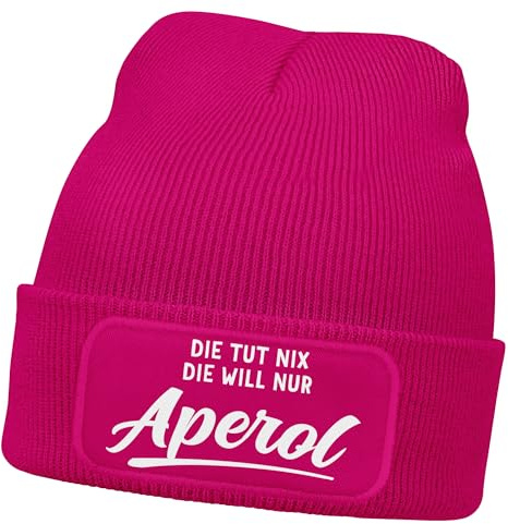 MoonWorks® Damen Beanie mit Patch Strickmütze mit Spruch Lieblingsgetränk Party Aufdruck Lustig Damenmütze