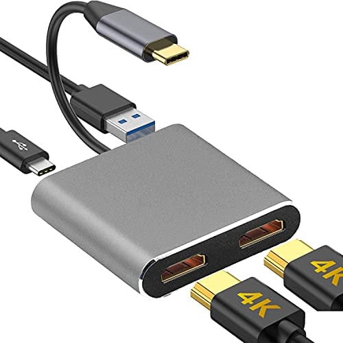 USB C to Dual HDMI Adapter, 4-in-1 USB C Hub with 2 HDMI Ports, 100W PD Charging & USB 3.0 for MacBook Pro, iPad Pro, Surface, Dell, Chromebook & More - Dual Monitor Support, 4K Resolution