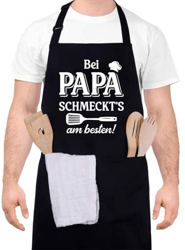Livdouyu Grillschürze Papa Schürze - Bei PAPA SCHMECKT'S am besten Verstellbarem Kochschürze für Männer mit 2 Taschen Geschenk für Papa zum Geburtstag Grillparty Vatertag Weihnachten