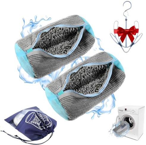 Sac de Lavage chaussures Gris (Pack de 4) - Filet de Lavage Baskets à Machine à Laver avec Fermeture Éclair-Réutilisable,avec Cintre et Sac de Rangement pour chaussure anti-poussière.