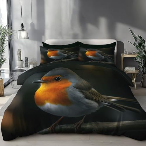 JSCWDET Bettwäsche 135×200cm+1×80×80cm Tierdruck Wende Bettwäsche Set, Zweige Rotkehlchen Microfaser Renforce Bettbezug mit Reißverschluss und Kissenbezug