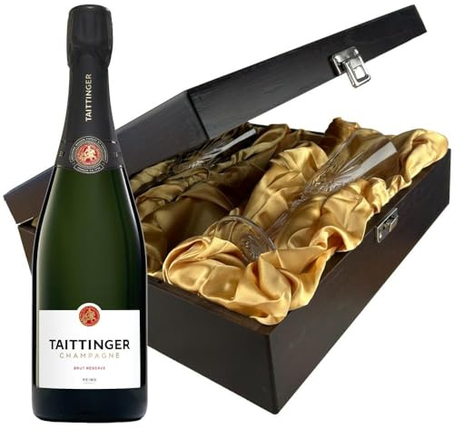 Taittinger Brut Reserve and Flutes in Wooden Hinged Presentation Box | Champagne 75cl 12.5% abv