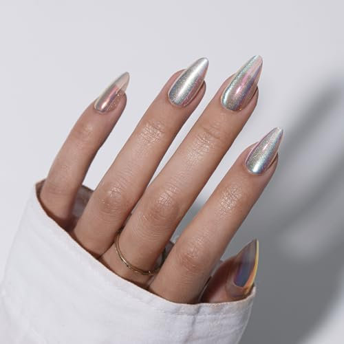 KQueenest Cat Eye Press on Nails Almond Medium, Bling Chrome False Nails with Glue, Glazed Sparkly Fake Nails Press ons with Design, Reusable Soft Gel Stick on Nail for Women, 30 Pcs