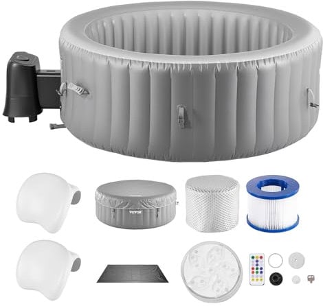 VEVOR Jacuzzi Inflable para 4 a 6 Personas, Redondo, Portátil, para Exteriores, 2080 x 660 mm, con 130 Chorros Relajantes, Reposacabezas, Luz LED, Cubierta, Panel Control Multifunción, PVC, Gris