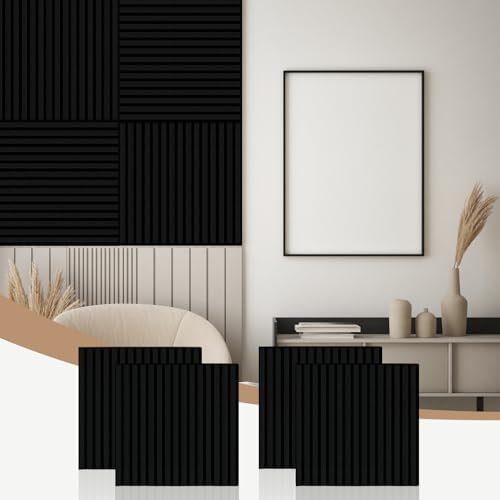 AKK-STAVE Acoustic Wall Panels - Wooden Wall Panels for Soundproofing - 4 Pack/600x600mm/1.44² Acoustic Panels for Walls - 3D Wood Slat Wall Panelling-Decorative Wall Panel Kits for Home(Mirage Black)
