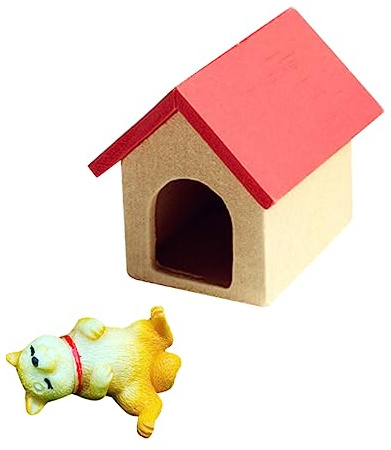 KONTONTY 2 Stück Miniatur Holz Hundehütte mit Hund Dekoratives Modell für Puppenhaus Szenen Miniaturhaus Zubehör Kreatives Holzornament Welpen Wohnkultur