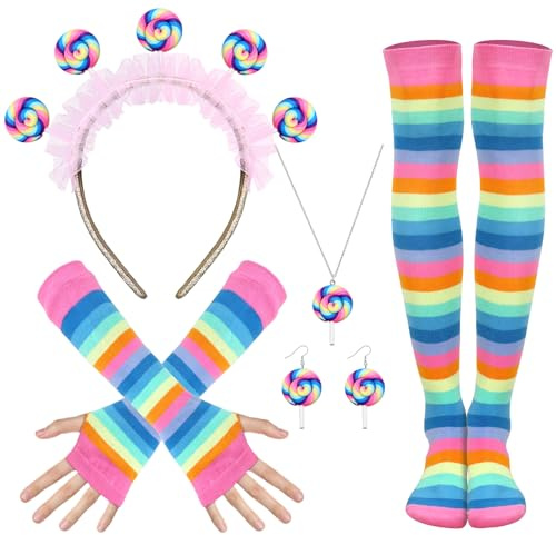 SEPGLITTER Lollipop Kostüm Damen Set, Candy Kostüm Süßigkeitenkostüm für Karneval mit Haarband, Ohrringe, Halskette, Handschuhe und Overknees
