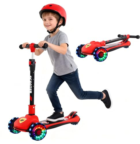 Kinderroller mit höhenverstellbarem Lenker, Lean-to-Steer Lenkung & Faltmechanismus | 3-rädriger Tretroller für Jungen und Mädchen von 3-12 Jahren (Rot)