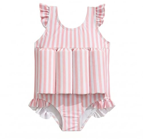 DivingBirds Toddler Girls Floatie Swimsuit, Sleeveless One Piece Float Suit for Baby Girls Pool Beach Pink Stripes 1-2 Years