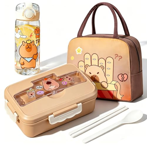 YskerrigToy Capybara Bento Boxen, CapybaraLunchbox mit Trinkflasche und Lunchtasche Auslaufsichere Brotdose Mittagessen Tasche Lunch Box Brotdose Kinder mit Fächern für Arbeit Schule Picknick(Braun)