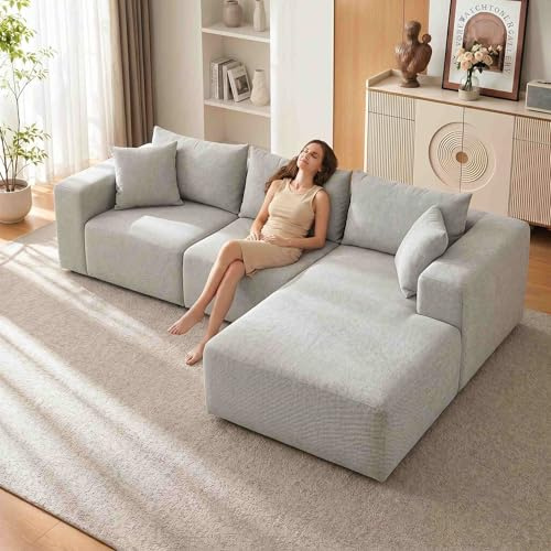 Garvee Modulares Sektionalsofa 274 cm, Wolkencouch mit Rechter Chaiselongue, Komprimiertes L-förmiges Sofa für Wohnzimmer, Boneless Couch Design, Keine Montage erforderlich, Beige