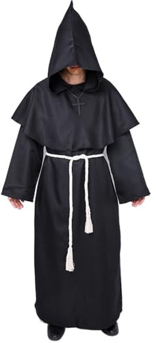 Myir JUN Mönch Robe Kostüm Mönch Priester Gewand Halloween Kostüm mit Kapuze Mittelalterliche Kapuze Herren Männer Mönchskutte (Schwarz, Large)