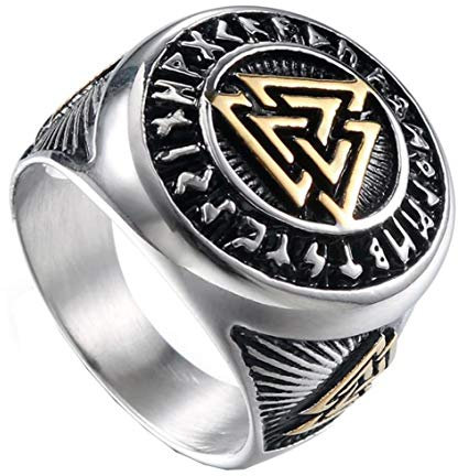 HIJONES Herren Valknut Nordischer Wikinger Odin Symbol Ring aus Edelstahl Krieger Motorradfahrer Signierter Ringe Silber Größe 68