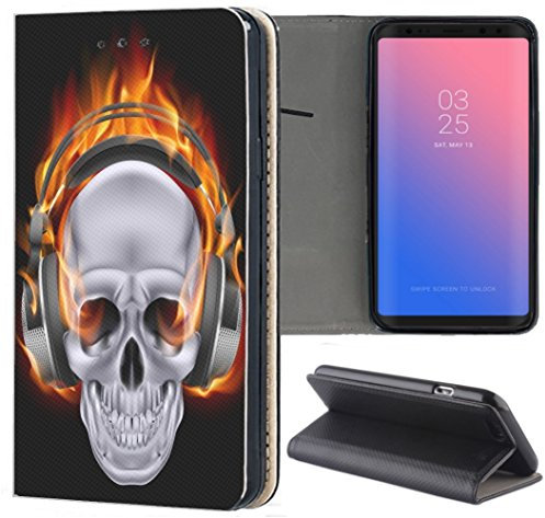 Hülle Samsung Galaxy J5 2016 Premium Smart Einseitig Flipcover Flip Case Handyhülle Samsung J5 2016 Duos Motiv (505 Totenkopf Skull mit Kopfhörer in Flammen Schwarz Weiß Rot)