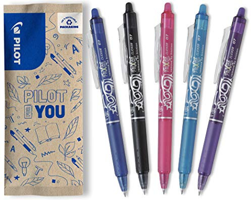 PILOT FriXion Clicker 0.7 – 5 Stück – Farben Blau/Schwarz/Pink/Hellblau/Violett – Radierbarer, nachfüllbarer Gel-Tintenroller mit Druckmechanik und thermosensitiver Tinte, mittlere Spitze