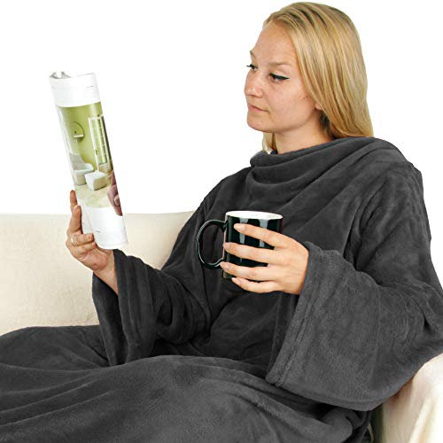 Bestlivings Kuscheldecke mit Ärmel 130 x 180 cm und 68 cm Ärmellänge in Anthrazit für Kinder und Erwachsene, TV-Decke