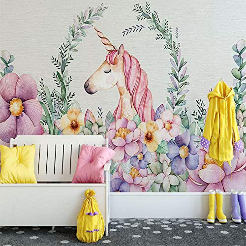 Children's Room Large Mural Cute Dreamy Unicorn Wallpaper Children's Room Large Mural Network red Live Room Photo Background Wall Cloth Wallpaper Grey Wall Sticker Border self Adhesive -200cm×140cm