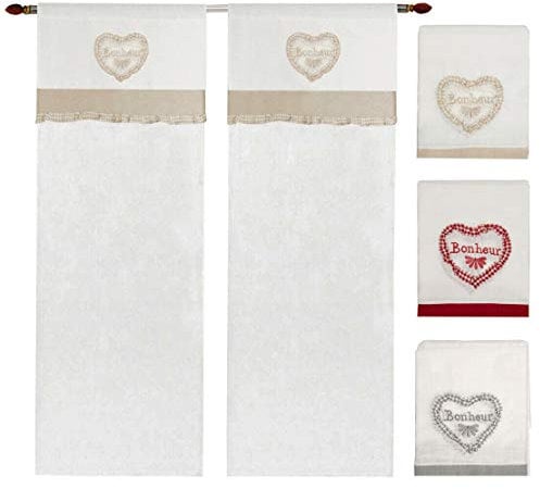 emmevi Tende Finestre Porta Interno Tessuto Lino Semitrasparente Coppia 2 Pz Cuore Quadretti MOD.Tenda Bonheur 1 CONF 60X240 Tortora