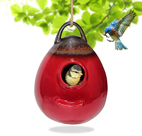 Kimdio Vogelhäuser aus Keramik zum Aufhängen, Kolibri-Nest für den Außenbereich, Rot