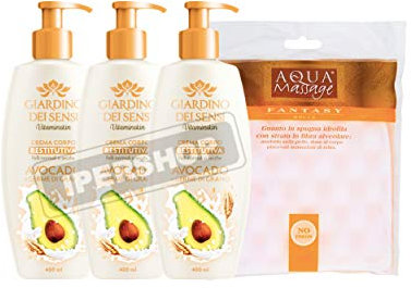 SET GIARDINO DEI SENSI AVOCADO E GERME DI GRANO : 3X CREMA CORPO IDRATANTE 400ML+ GUANTO SPUGNA