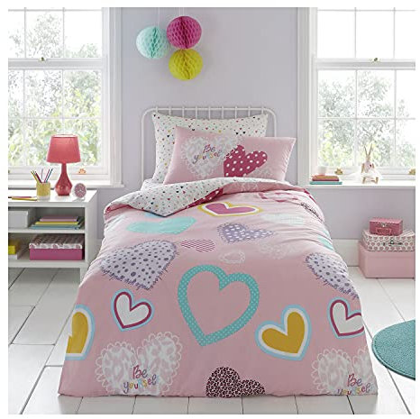 FAIRWAYUK Girls Bedding Set - Love Hearts Kids Single Duvet Cover Set with Matching Pillowcase, Ultra Soft Reversible Quilt Covers, Bedroom Accessories, Pink 137x200cm