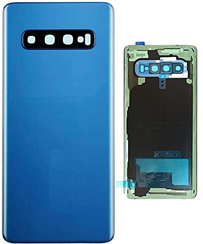 (KIT) Housse de Batterie + Double Face + lentille Compatible pour Samsung Galaxy S10 G973F G973 Remplacement Verre arrière Coque Autocollant + lentille Objectif avec Cadre Camera (Bleu)