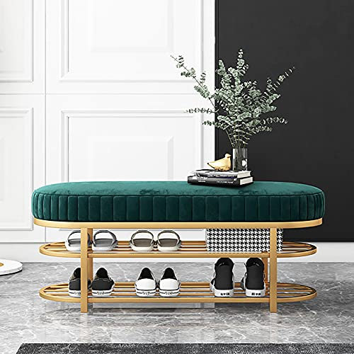SS&LL Bequem Samt Eingangsbereich Sitzbank,Modernen Schuh Bech Sitz Schuh-Rack Sitzbank Mit 2-rang Golden Schuhregal,Premium Flur Veranda Schuhschrank Veranstalter-Grün 80x32x43cm(31x13x17inch)