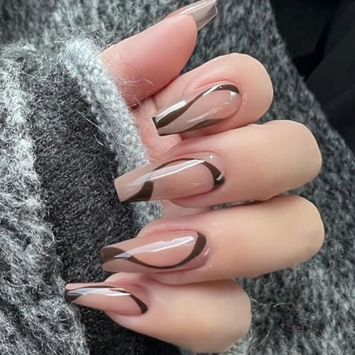 Handcess Lot de 24 faux ongles brillants en forme de cercueil - Longue ligne marron - À presser - En acrylique - Pour femmes et filles