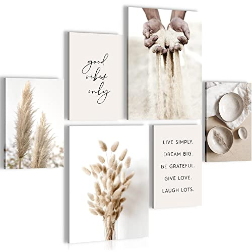 Novart Wandbilder Set Boho Pampasgras Beige Vintage - KEIN EXTRA RAHMEN BENÖTIGT - Modern Deko - Wohnzimmer Schlafzimmer Flur N009263a