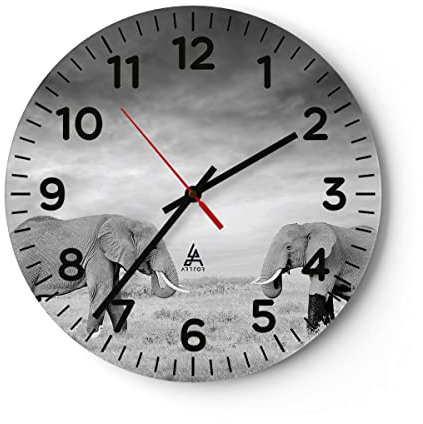 Modern Wanduhr Elefanten Schwarzweiß Safari 30x30cm Rund Klein Wand Uhr Glas Analog Zimmeruhren Küche Büro Wohnzimmer Glasuhr Wall Clock Dekoration Design Wanddekoration Küchenuhr C4AR30x30-4186