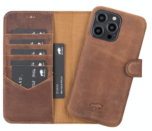 Solo Pelle Lederhülle kompatibel für iPhone 14 Pro Max in 6.7 Zoll abnehmbare Hülle (2in1) inkl. Kartenfächer für das original Apple iPhone 14 Pro Max in 6.7 (Vollleder Vintage Braun)