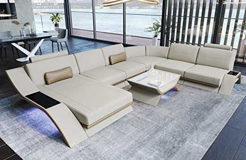 XXL Wohnlandschaft Calabria - mit LED Beleuchtung, verstellbare Kopfstützen, Recamiere/Mikrofaser/Ausrichtung wählbar (Ottomane Links, Sandbeige-Elfenbein)
