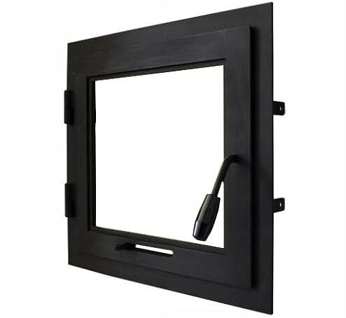 Puerta horno 60 x 60 cm, puerta chimenea con cristal para horno pizzero, hierro fundido. Sentido de apertura: a la derecha | El mango está a la izquierda. Con un collar.