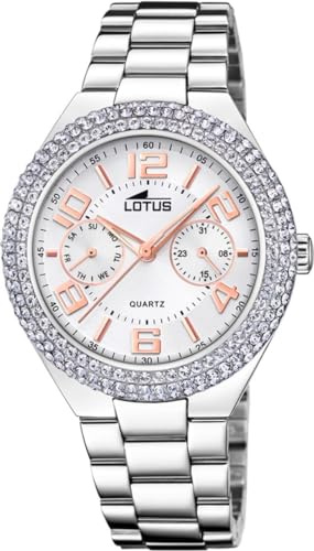 Lotus Damenuhr Analog aus Edelstahl 316l Silberfarben | Quarzwerk Multifunktion, Widerstandsfähiges Mineralglas, Wasserdicht 5 ATM, Special Prices 18918/1