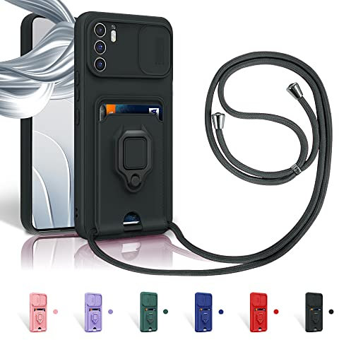 Aithne Cordon de Coque pour Xiaomi Poco M3 Pro 5G / Redmi Note 10 5G,Couvercle Coulissant de la Caméra+Support Annulaire à 360 Degrés,Fentes pour Cartes Lanyard Silicone Case -Noir