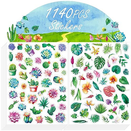 1140PCS Blatt- und Kaktus-Aufkleber, 24 Blätter Grüne Blüten-Aufkleber Pflanzen-Aufkleber Frühlings-Themen-Partybedarf Dekorationen für Kinder Lehrer Klassenzimmer