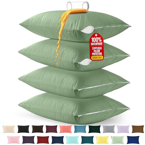 Utopia Bedding Premium 100% Waterproof Pillow Protectors with Zipper Standard Size (Set of 4), Bed Bug and Dust Mite Proof Zippered Pillow Covers, Pillow Encasement Cases, Sage