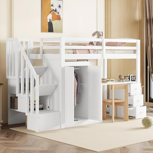 ZYLOYAL10 Kinderbett Baumhaus mit Speicherung und Rausfallschutz 90 x 200 cm, Hochbett für Kinder– 2X Lattenrost (Weiß - C)