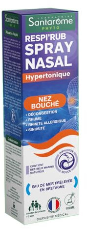 Santarome Bio - Spray nasal eau de mer hypertonique decongestionnant - Nez bouché - Décongestion, Rhume, Rhinite allergique, Sinusite - Adultes & enfants dès 6 mois - 100 ML - France