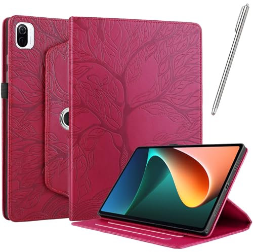 Netany Rotating Custodia per Xiaomi Pad 5 / Pad 5 Pro, con penna PU Pelle Flip Cover, con portapenne Supporto Rotazione 360 Protettiva Cover [Auto Sveglia/Sonno] - Rosso