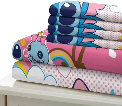 DELLIOP 3-teiliges Bettwäsche Set Stitch Geburtstagsdeko mit Reißverschluss | Muster-Bettbezug-Set Lilo und Stitch Friends mit 2 Kissenbezügen 50x75 | Kinder Bettwäsche-Set | Rosa, 90x190 cm