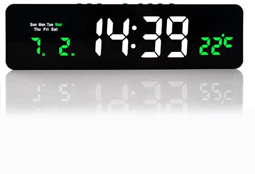 TruWare Just Camp Wanduhr Digital, LED Tischuhr mit Temperaturanzeige, Wecker Snooze, 12/24-Stunden-Anzeige, LED-Uhr, USB-C Uhr mit Datumsanzeige (Weiß Grün)