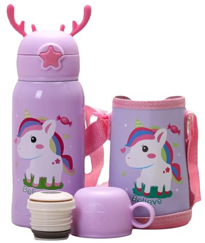 OFKAFEZV Gourde Enfant, Bouteille d'Eau Licorne, Thermos licorne violette, Gourde Isotherme Pour Enfants Avec Paille, Licorne L'Eau Bouteilles Pour Filles Pour Les Écolières 500ml