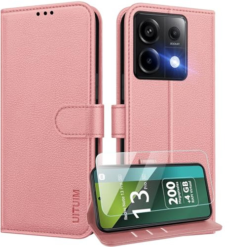 UITUIM Cover per Xiaomi Redmi Note 13 Pro 5G (Non per 4G) Cover Custodia a Libro Portafoglio in Pelle con Vetro Temperato Pellicola Cover Porta Carte Flip Case Custodia per Redmi Note 13 Pro 5G,Rosa