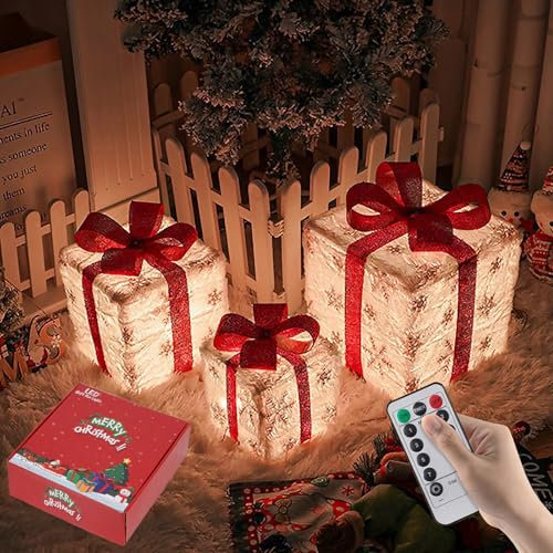 TAZZOR 3er Weihnachtsdeko LED Geschenkboxen Set mit Fernbedienung - 8 Blitzmodi, Deko für Weihnachten innen und außen, Weihnachtsdeko mit licht für Festliche Stimmung (Colorful Light)