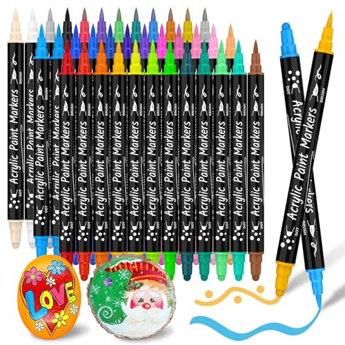 AOSUCO Acrylic Paint Pens 36 Colours Dual Tip Acrylic Pens for Rock Painting, Wood, Pebbles, Glass, Ceramic, Stones, Fabric, Canvas, Craft, Waterproof Brush Pens, Acrylic Marker Pens Set